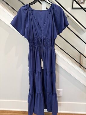 Blue Tiered Maxi Dress with Drawstring Waist